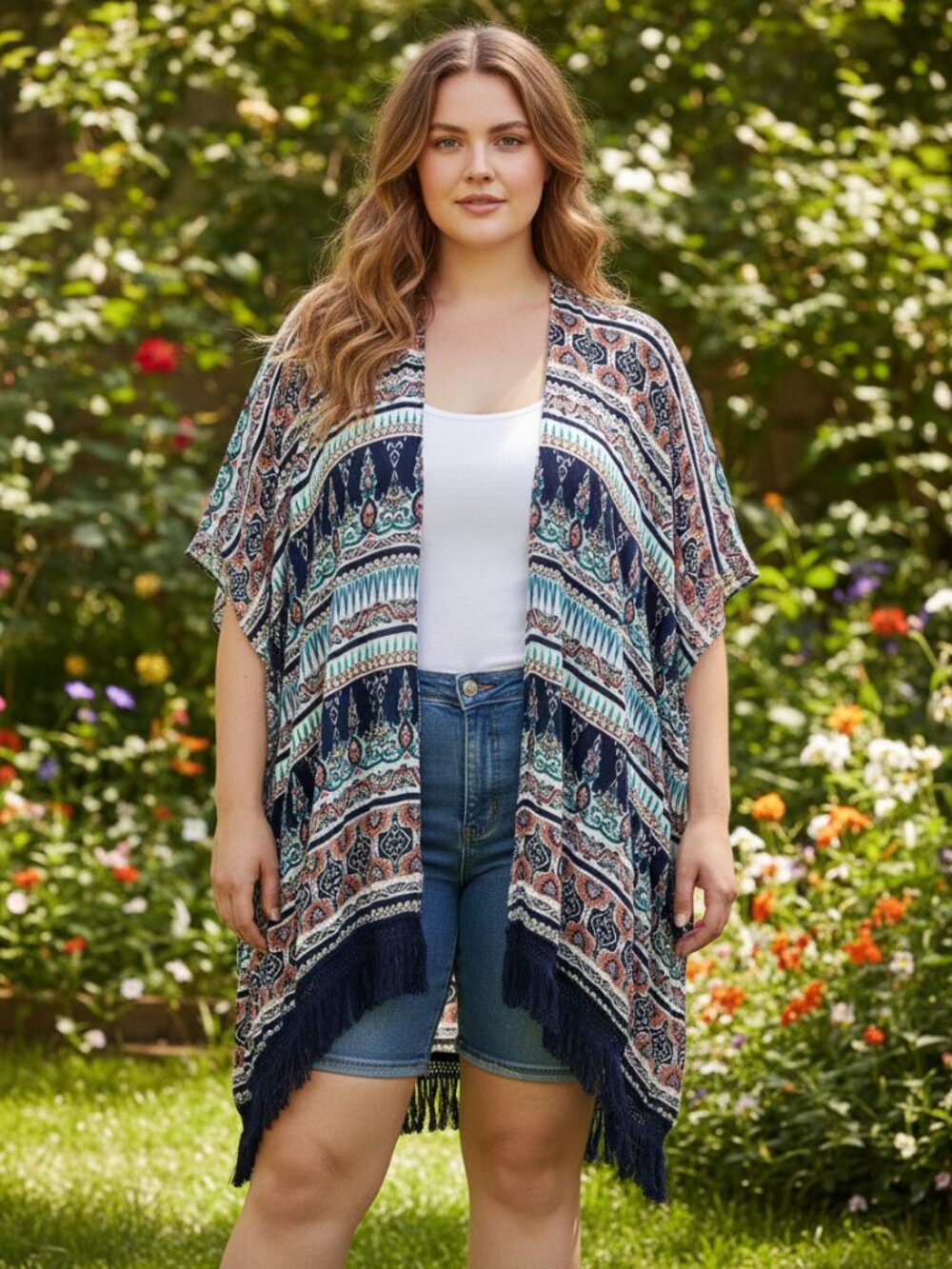 Torrid Navy Blue Geo Paisley Fringe Kimono Top Wrap Shawl Coverup Boho Festival